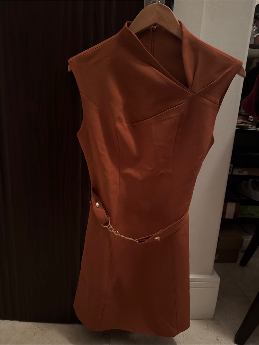 Commense Rust Orange Sleeveless Mini Dress with Belt Detail